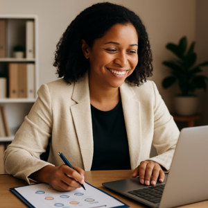 femme qui sourit sur un ordinateur